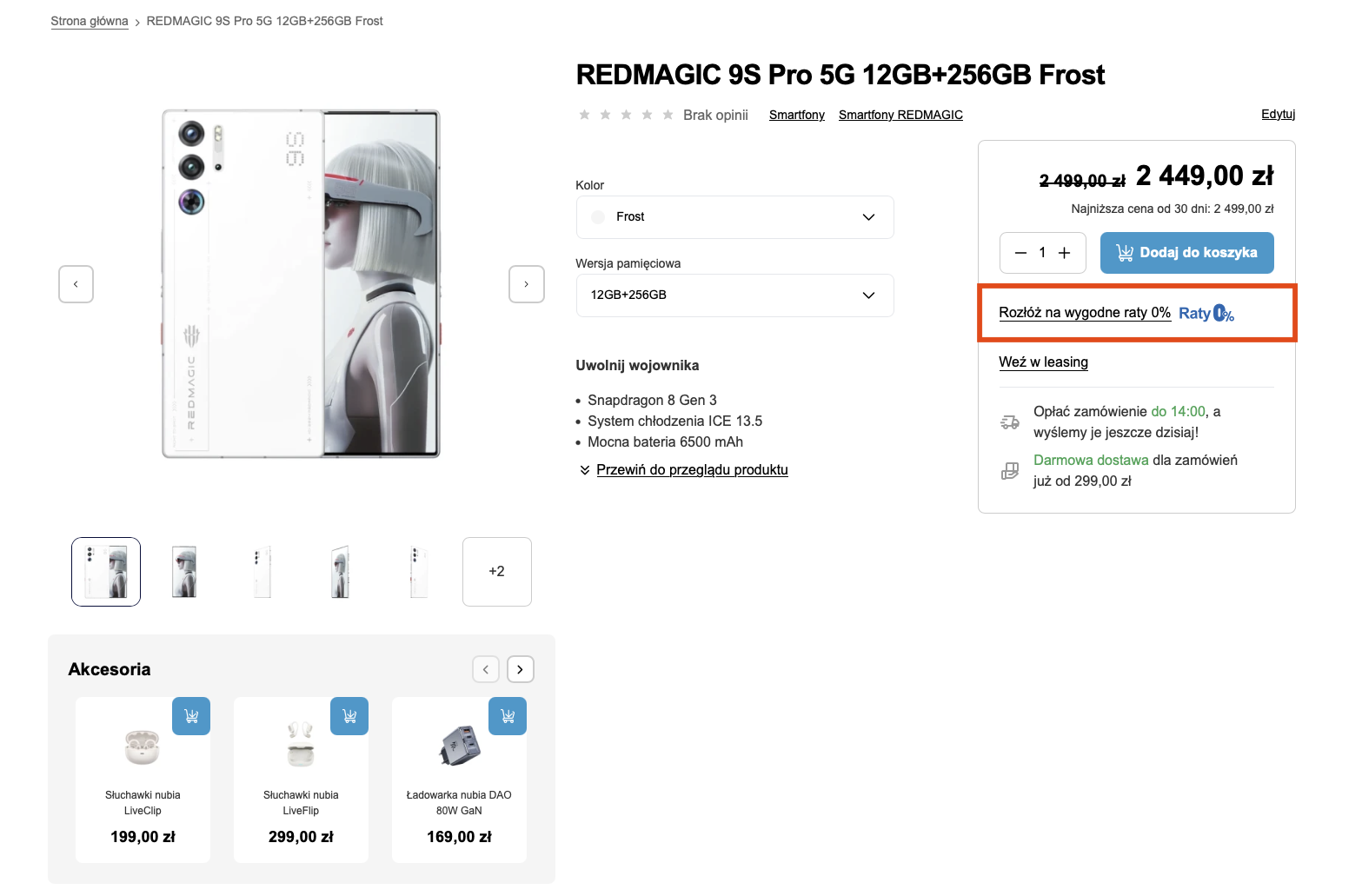 Karta produktowa - w czerwonej ramce - opcja wzięcia na raty