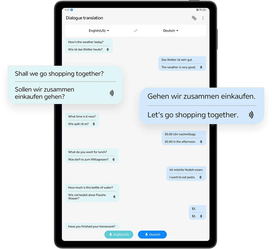 Tablet ZTE z włączoną aplikacją tłumaczenia dialogów między angielskim a niemieckim.