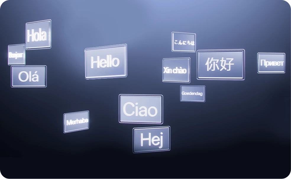 Napisy „Hello” w różnych językach symbolizujące wielojęzyczność narzędzia.