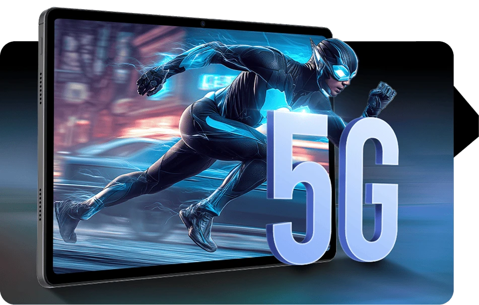 Tablet ZTE z grafiką biegacza i dużym napisem 5G symbolizującym szybkość.