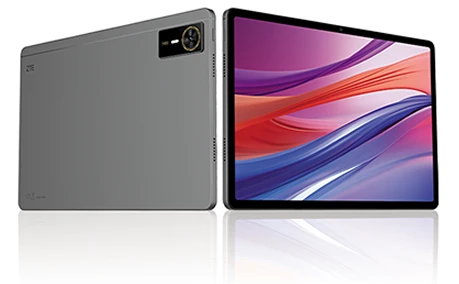 Tablet ZTE pokazany z przodu i z tyłu, z kolorowym motywem na ekranie i srebrnoszarą obudową.