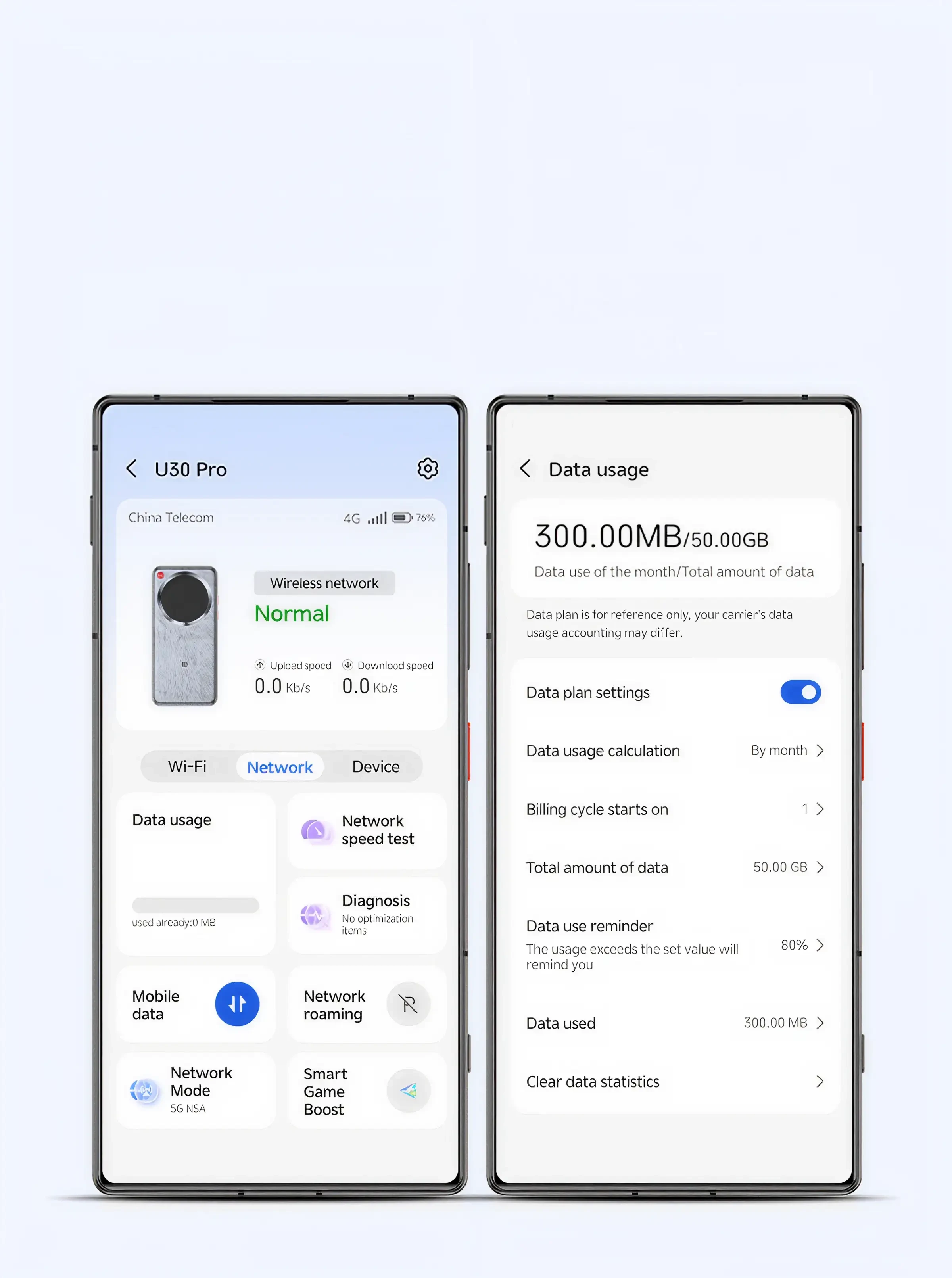 Ekran aplikacji mobilnej do zarządzania ZTE U30 Pro.