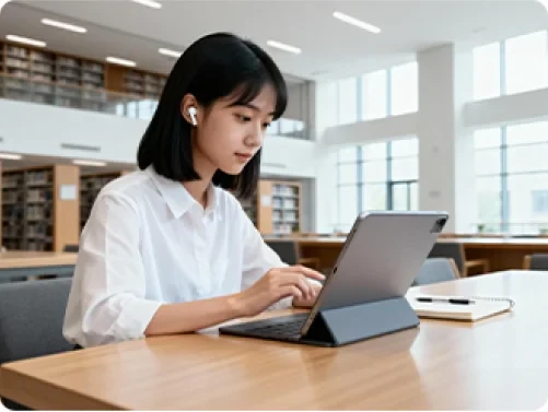 Kobieta ucząca się w bibliotece z tabletem i mobilnym WiFi.