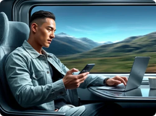 Mężczyzna pracujący na laptopie w pociągu, korzystający z mobilnego WiFi.