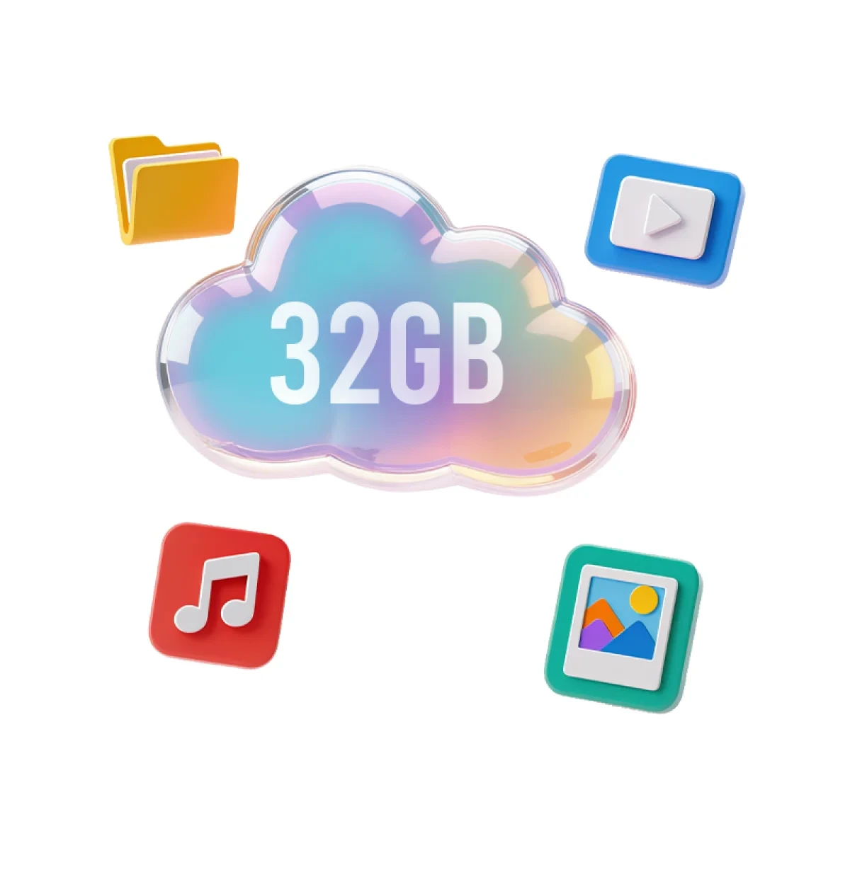 Grafika 32 GB pamięci współdzielonej w chmurze z ikonami multimediów.