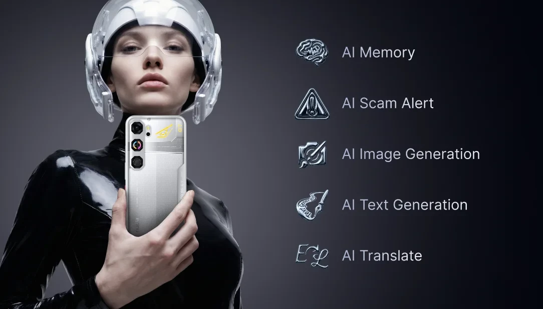 Kobieta trzyma smartfona z otwartym menu funkcji sztucznej inteligencji na ekranie.